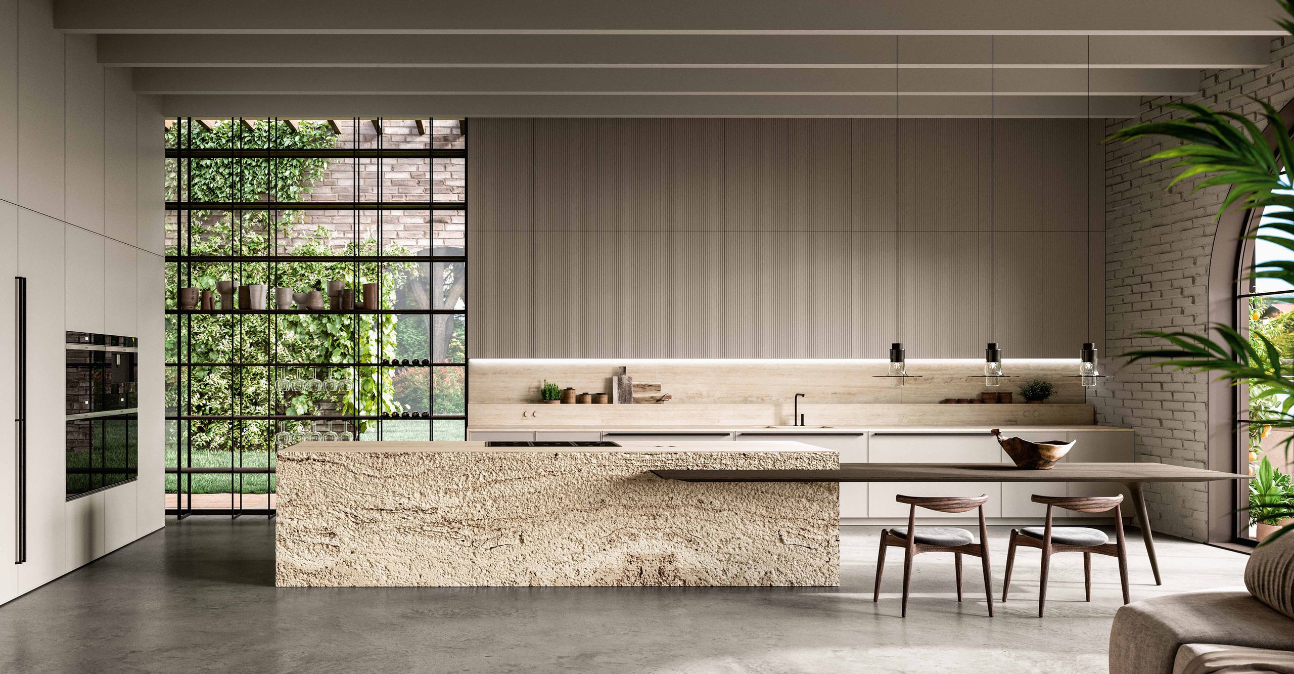 Italian kitchen with travertine island